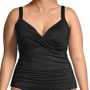 Lands End Black Ruched Wrap Front Tankini Top Swimsuit Vacation Plus Size 14
